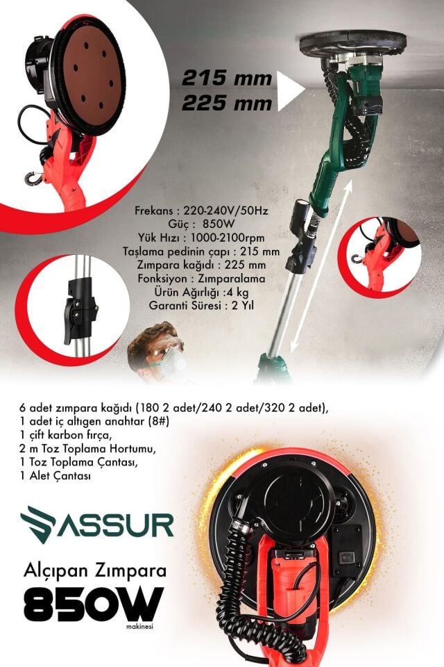Assur 850W Alçıpan Duvar Zımpara Makinası 360° Ledli Toz Emmeli