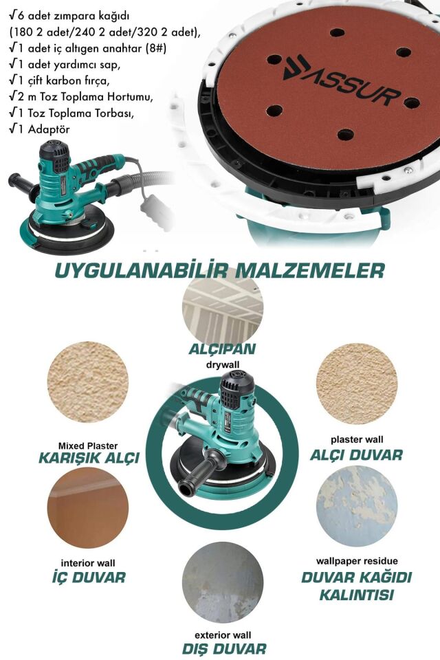 Assur 360'Ledli 850W Pro Alçıpan Zımpara Makinası Toz Emmeli
