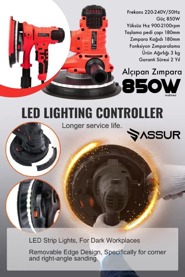 Assur 360'Ledli 850W Pro Alçıpan Zımpara Makinası Toz Emmeli