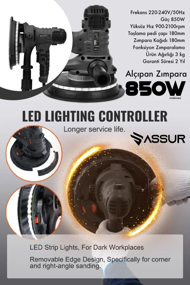 Assur 360'Ledli 850W Pro Alçıpan Zımpara Makinası Toz Emmeli