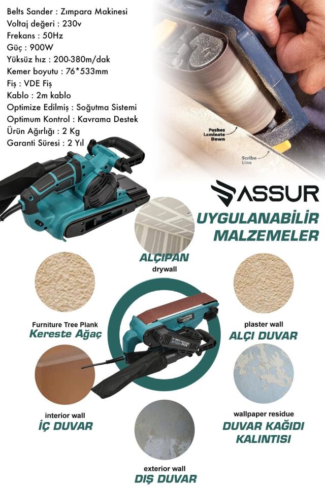 Assur 900W Elektrikli Vakumlu Tozsuz Cila Özellikli Tank Zımpara Makinesi