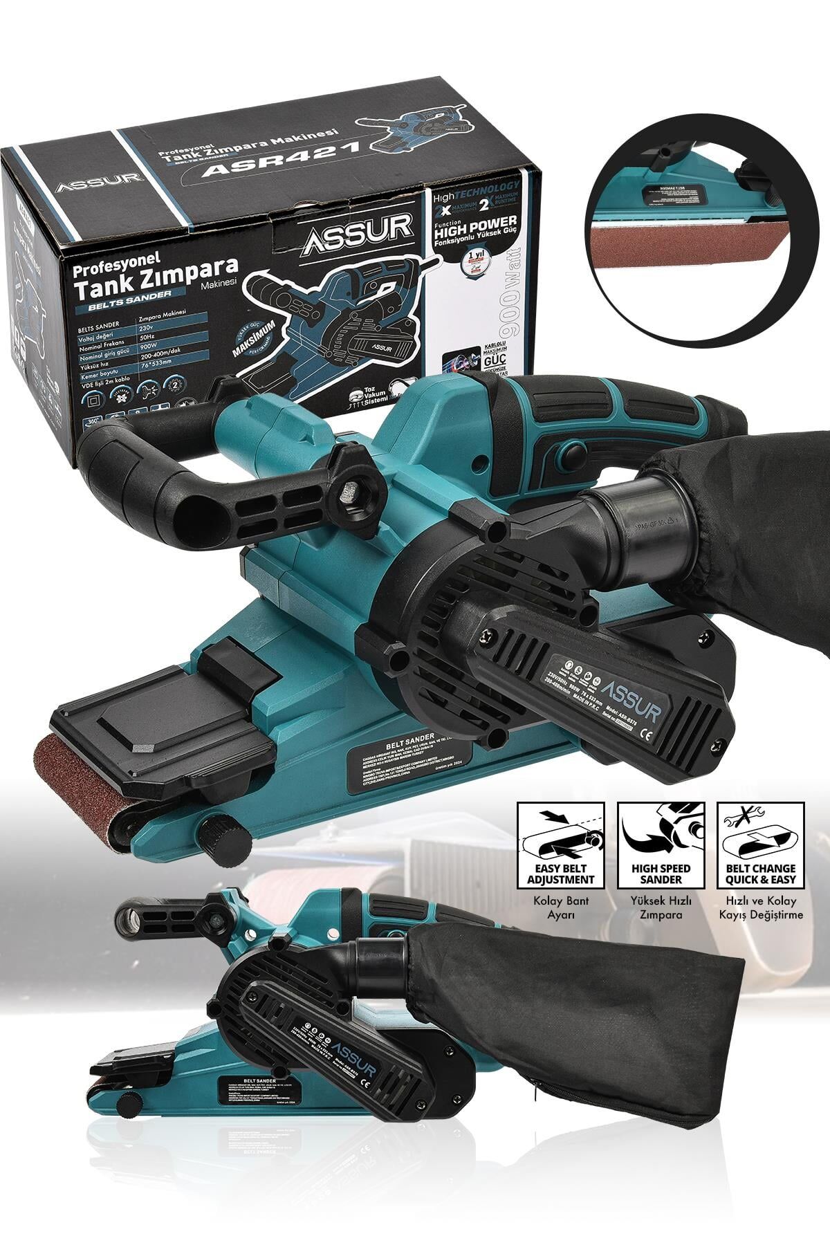 Assur 900W Elektrikli Vakumlu Tozsuz Cila Özellikli Tank Zımpara Makinesi