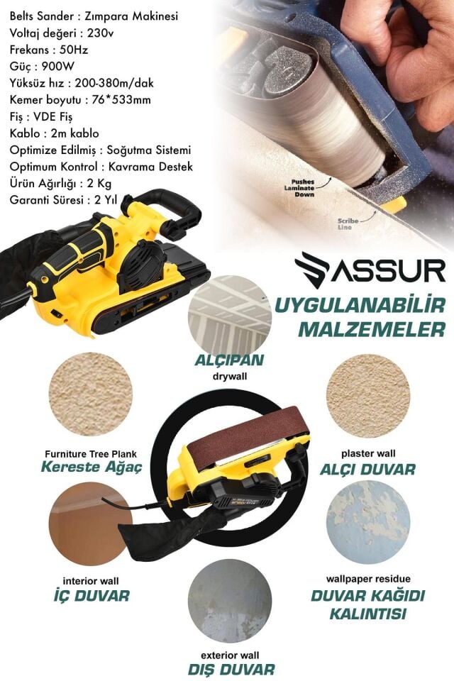 Assur 900W Elektrikli Vakumlu Tozsuz Cila Özellikli Tank Zımpara Makinesi