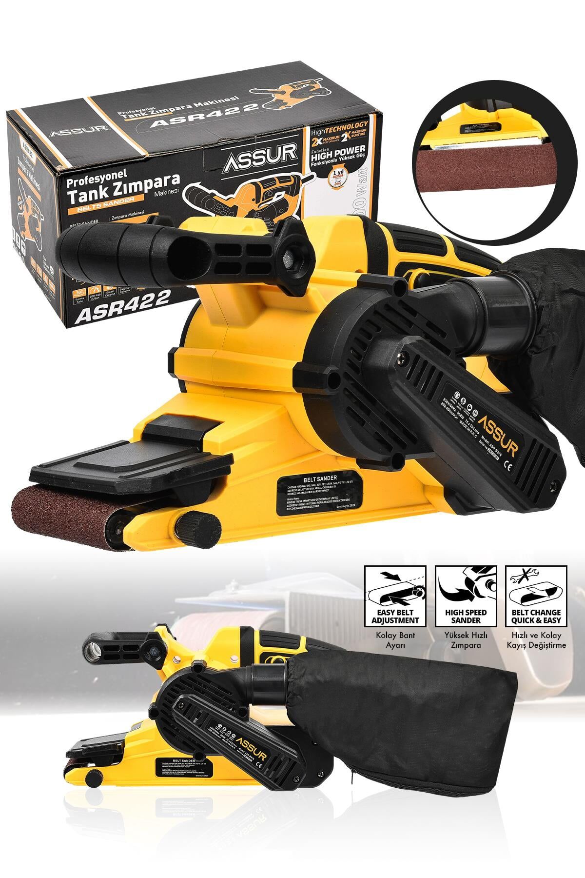 Assur 900W Elektrikli Vakumlu Tozsuz Cila Özellikli Tank Zımpara Makinesi