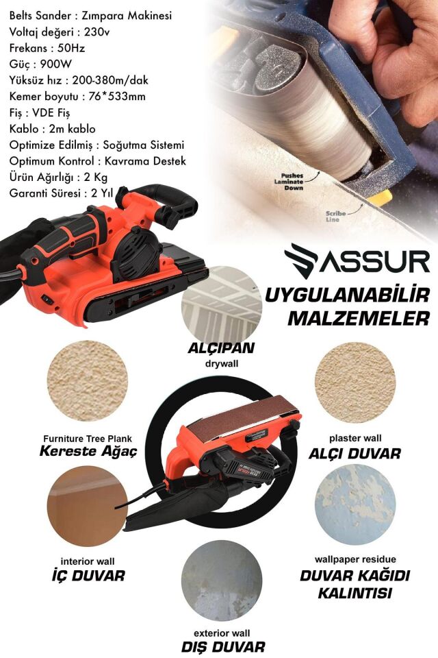 Assur 900W Elektrikli Vakumlu Tozsuz Cila Özellikli Tank Zımpara Makinesi