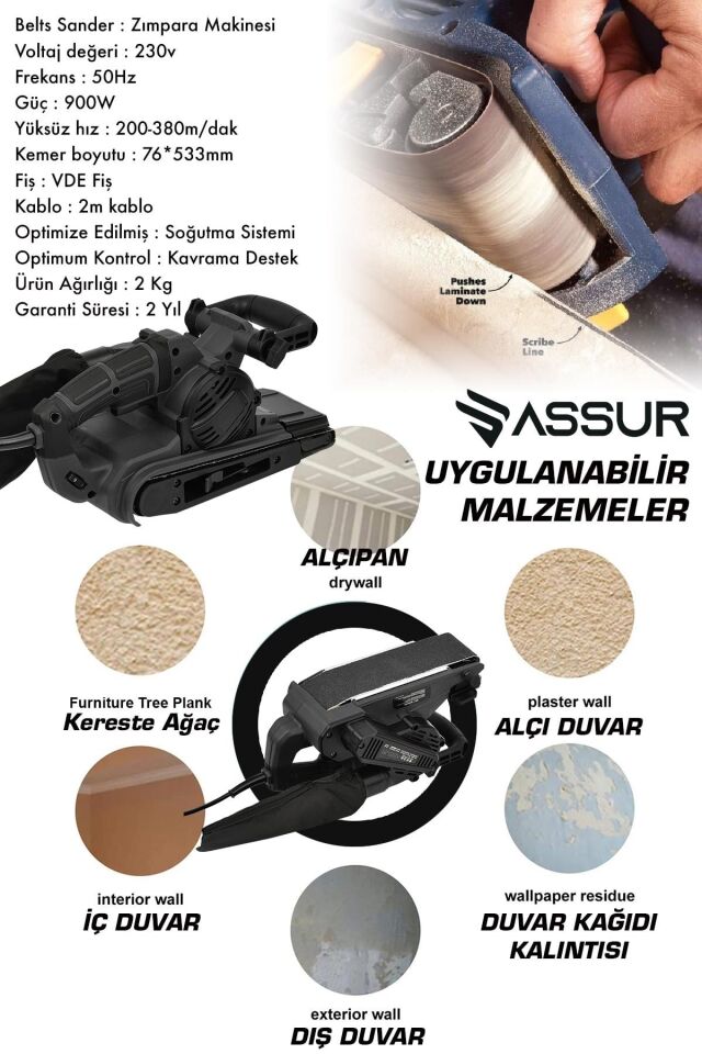 Assur 900W Elektrikli Vakumlu Tozsuz Cila Özellikli Tank Zımpara Makinesi