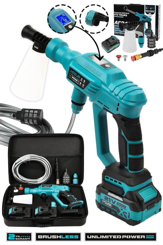 Assur 21V Kömürsüz Motor Yüksek Basınçlı Akülü Oto Araba Yıkama Makinesi Şarjlı