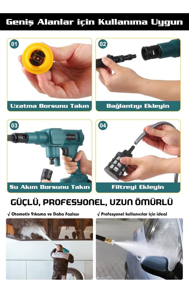 Assur 21V Kömürsüz Motor Yüksek Basınçlı Akülü Oto Araba Yıkama Makinesi Şarjlı
