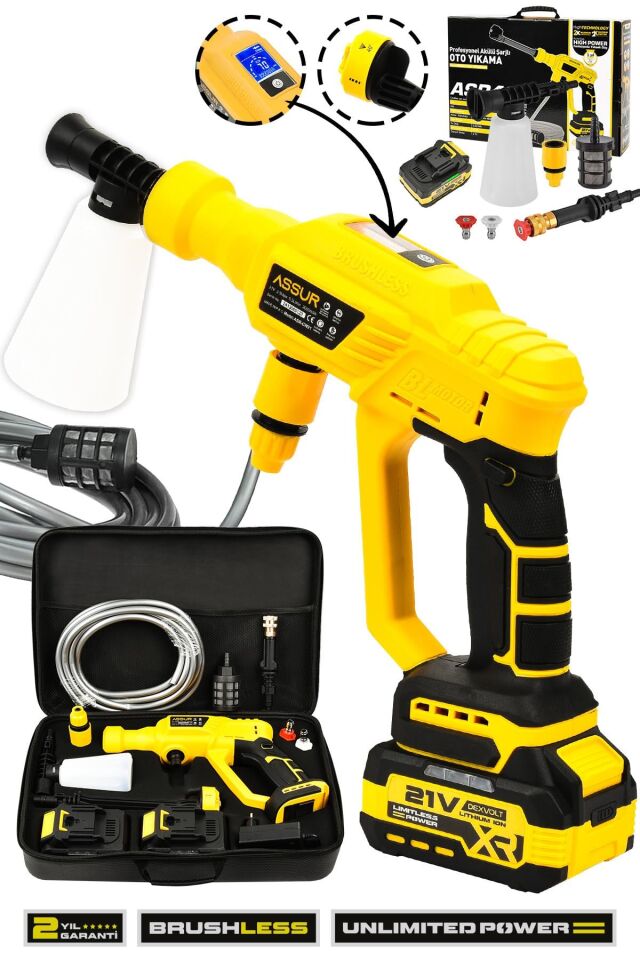 Assur 21V Kömürsüz Motor Yüksek Basınçlı Akülü Oto Araba Yıkama Makinesi Şarjlı
