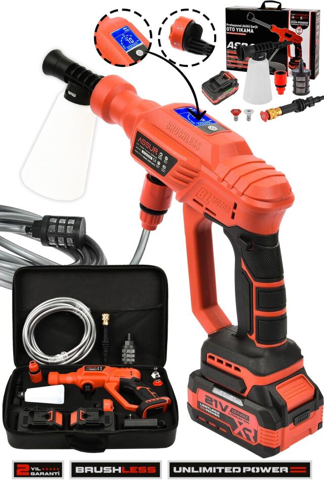 Assur 21V Kömürsüz Motor Yüksek Basınçlı Akülü Oto Araba Yıkama Makinesi Şarjlı