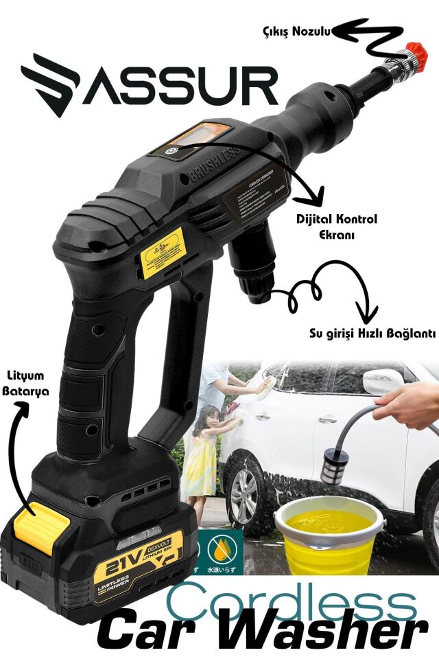 Assur 21V Kömürsüz Motor Yüksek Basınçlı Akülü Oto Araba Yıkama Makinesi Şarjlı