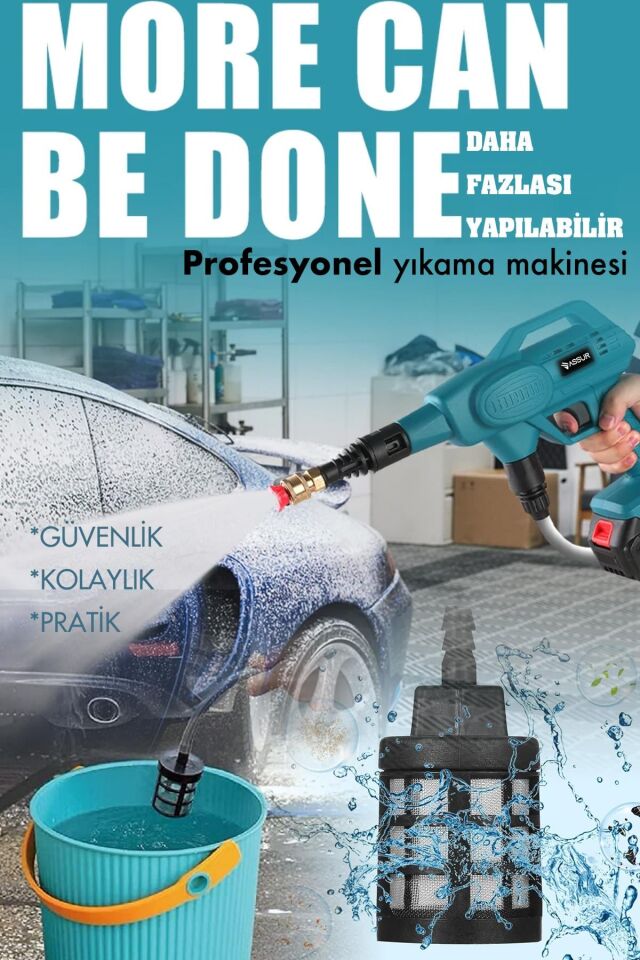Assur 21V Kömürsüz Motor Yüksek Basınçlı Akülü Oto Araba Yıkama Makinesi Şarjlı