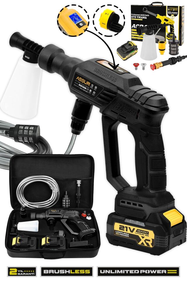 Assur 21V Kömürsüz Motor Yüksek Basınçlı Akülü Oto Araba Yıkama Makinesi Şarjlı