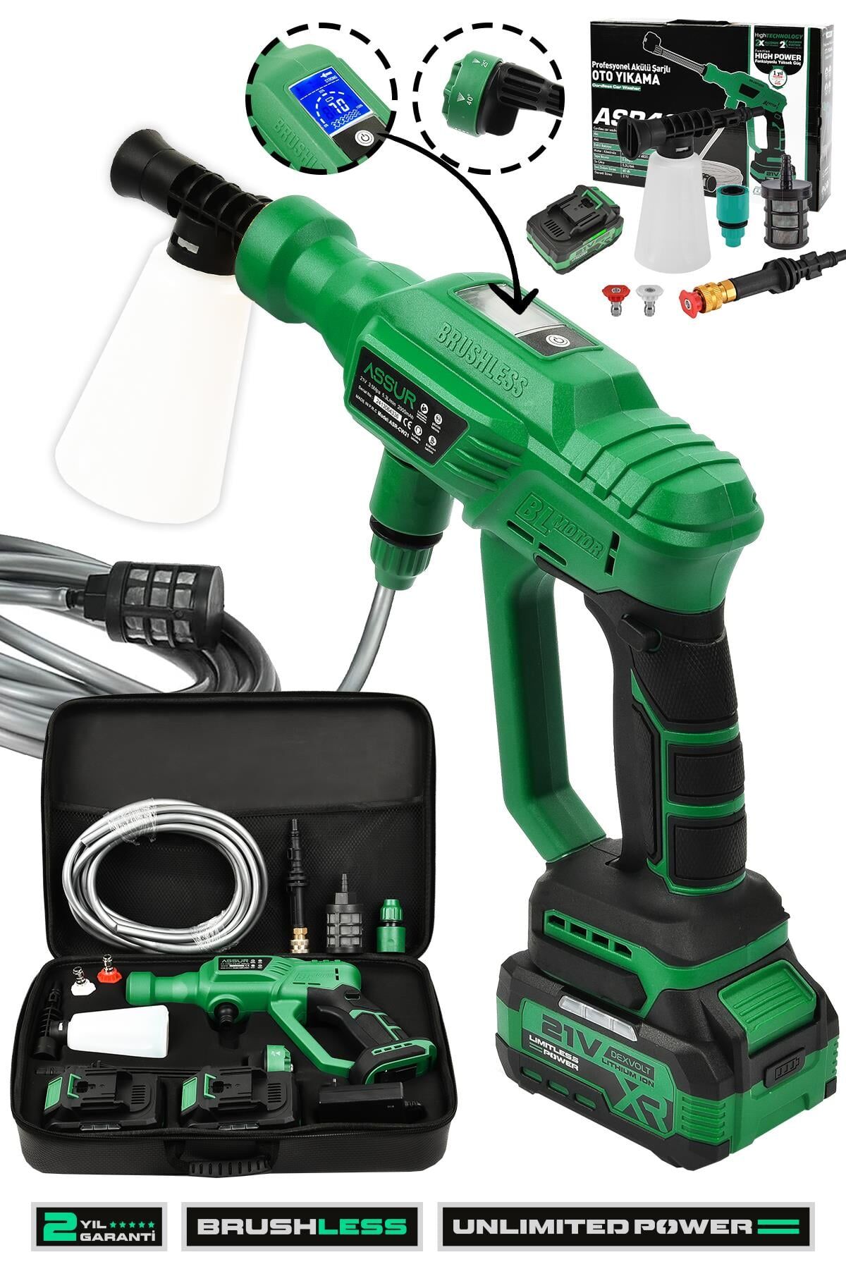 Assur 21V Kömürsüz Motor Yüksek Basınçlı Akülü Oto Araba Yıkama Makinesi Şarjlı