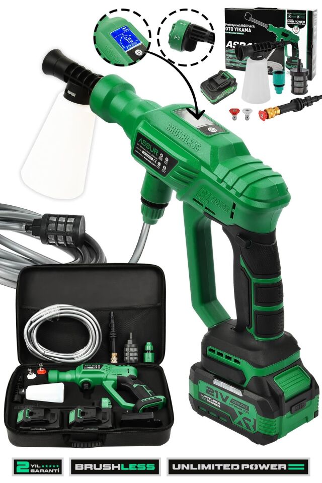 Assur 21V Kömürsüz Motor Yüksek Basınçlı Akülü Oto Araba Yıkama Makinesi Şarjlı