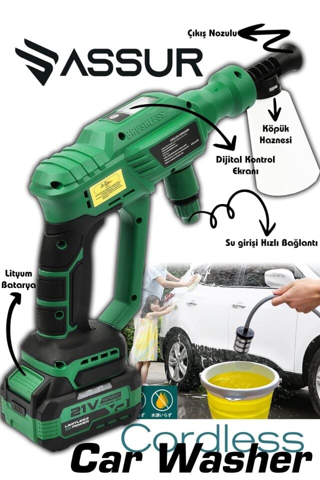 Assur 21V Kömürsüz Motor Yüksek Basınçlı Akülü Oto Araba Yıkama Makinesi Şarjlı