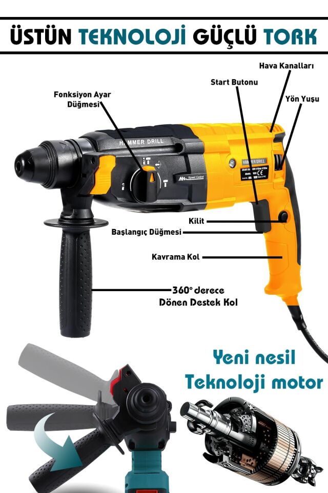 Assur 850W Metal Şanzıman Darbeli Matkap Kırıcı Delici Hilti 2-28mm