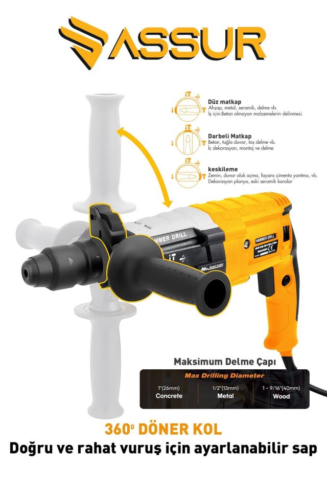 Assur 850W Metal Şanzıman Darbeli Matkap Kırıcı Delici Hilti 2-28mm
