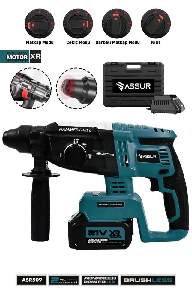Assur 21V Kömürsüz Motor Darbeli Çift Akülü Şarjlı Kırıcı Delici Hilti 2-26mm