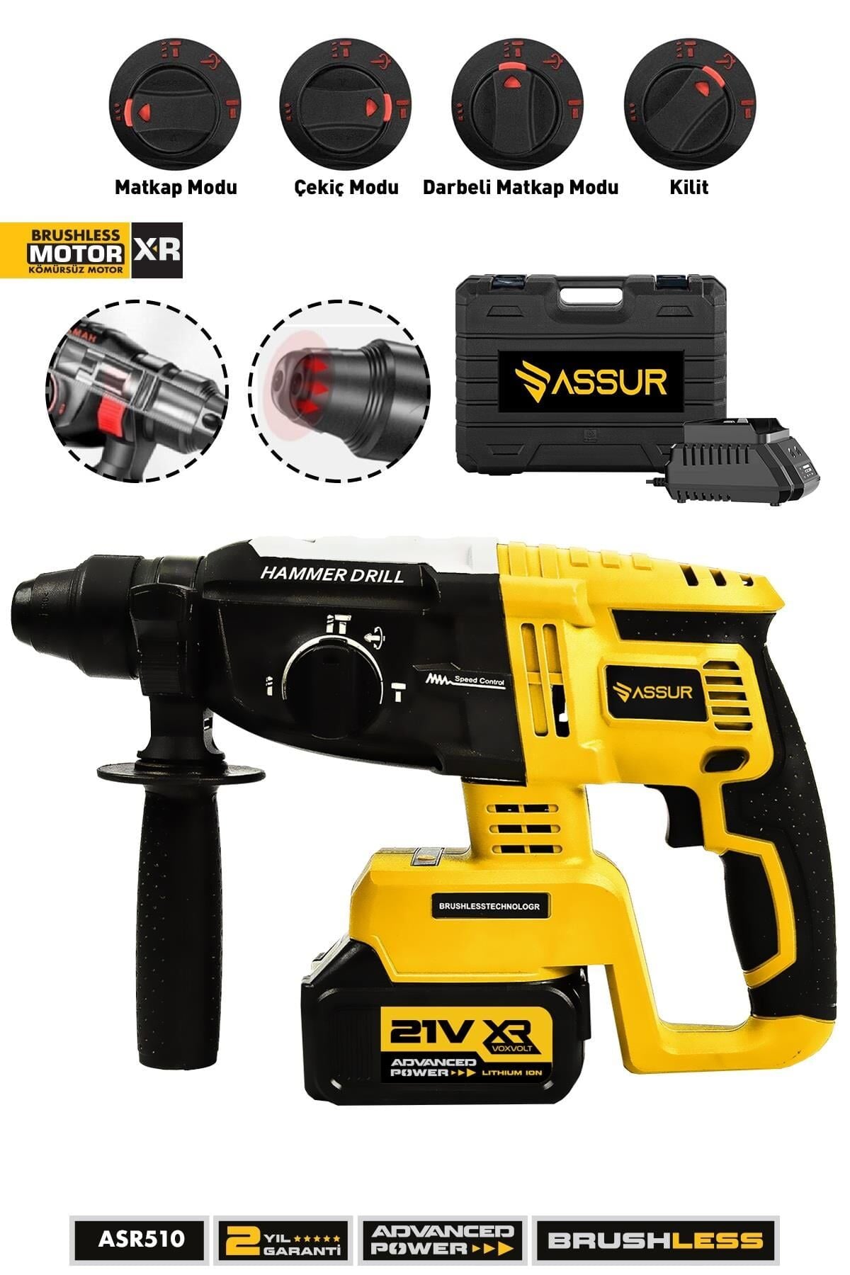 Assur 21V Kömürsüz Motor Darbeli Çift Akülü Şarjlı Kırıcı Delici Hilti 2-26mm