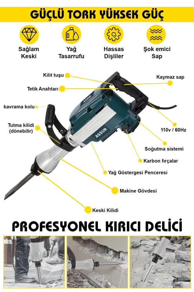 Assur 1800W Darbeli 16 Kg Kırıcı Delici Hilti
