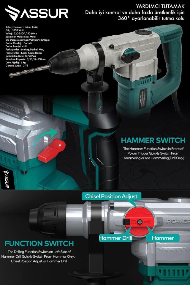 Assur 1050W Profesyonel 28mm Kırıcı Delici Hilti Darbeli Hilti