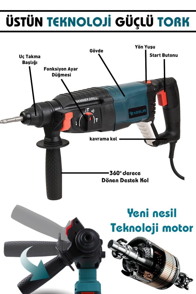 Assur Profesyonel 850W Darbeli Kırıcı Delici Hilti 26mm Matkap