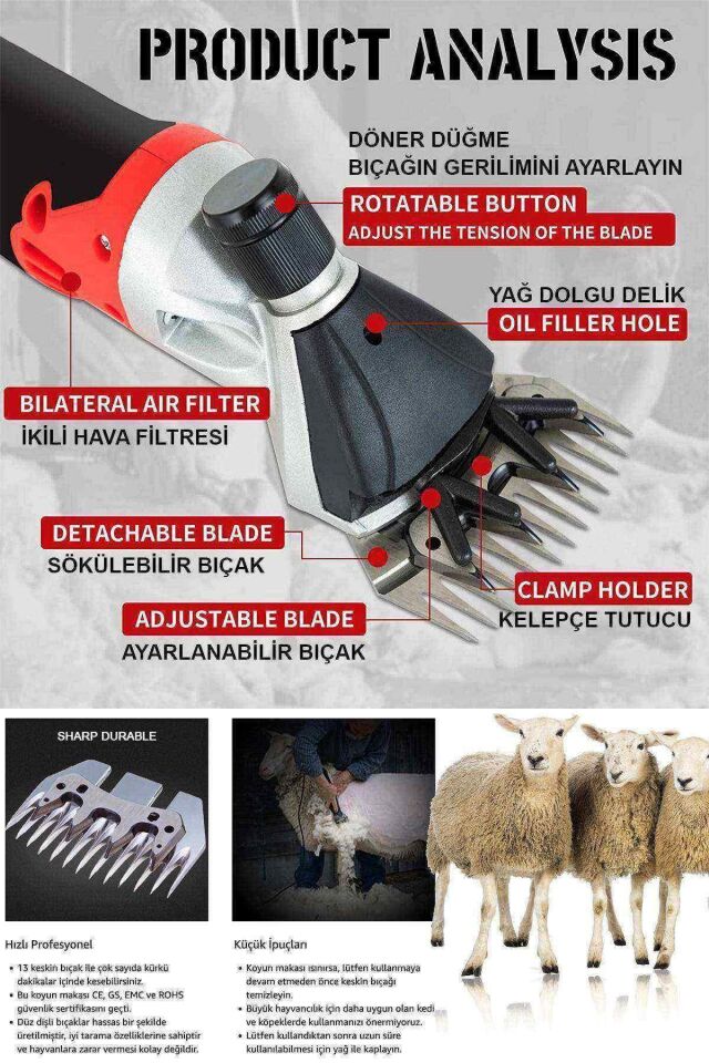 Assur 500W 6 Kademe Ayarlı Metal Şanzıman Koyun Kırkma Makinası