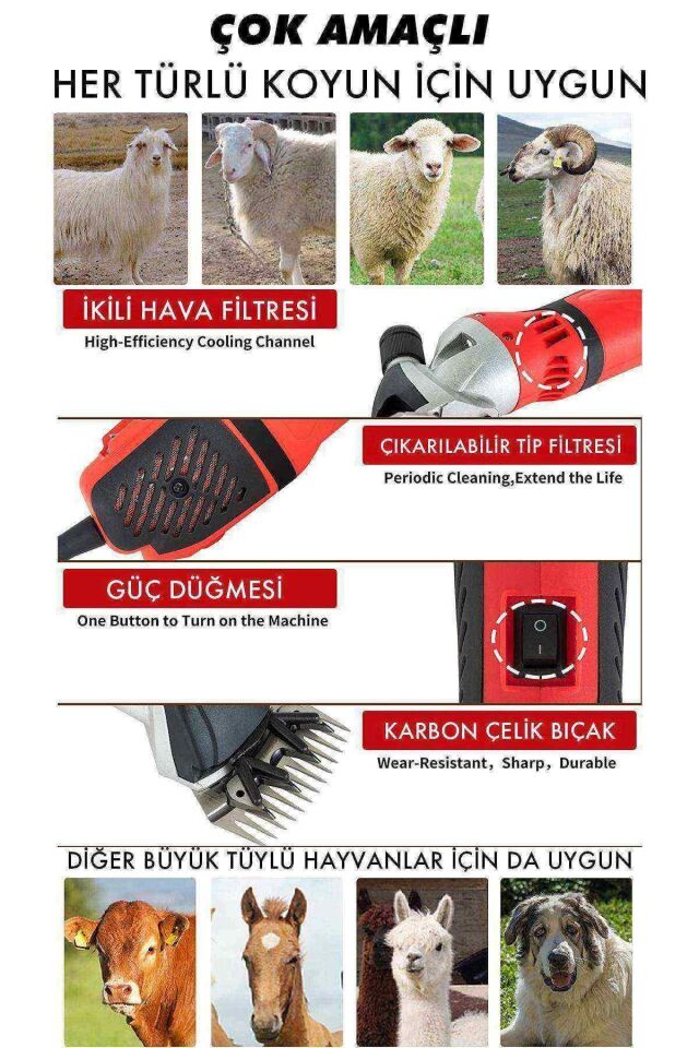 Assur 500W 6 Kademe Ayarlı Metal Şanzıman Koyun Kırkma Makinası