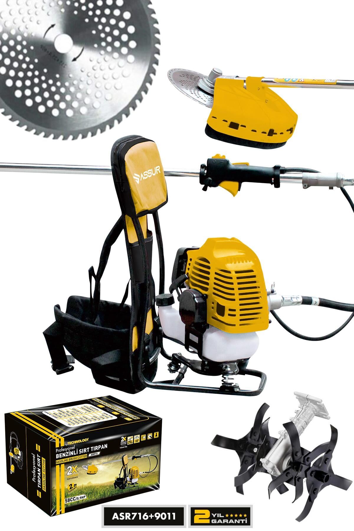 Assur Sırt Tipi Benzinli Motorlu Ot Çalı Çim Biçme Tırpanı + Çapalama Aparatı