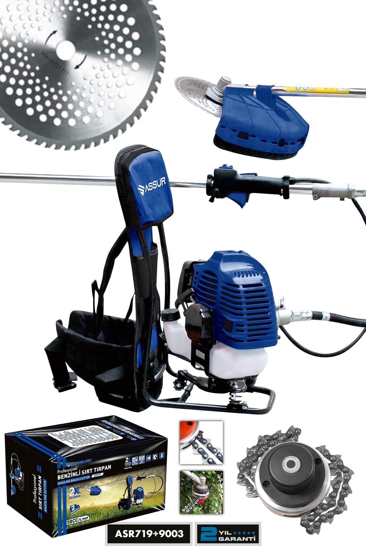 Assur Sırt Tipi Benzinli Motorlu Ot Çalı Çim Biçme Tırpanı Canavar Başlıklı 11000rpm 5.9 Hp