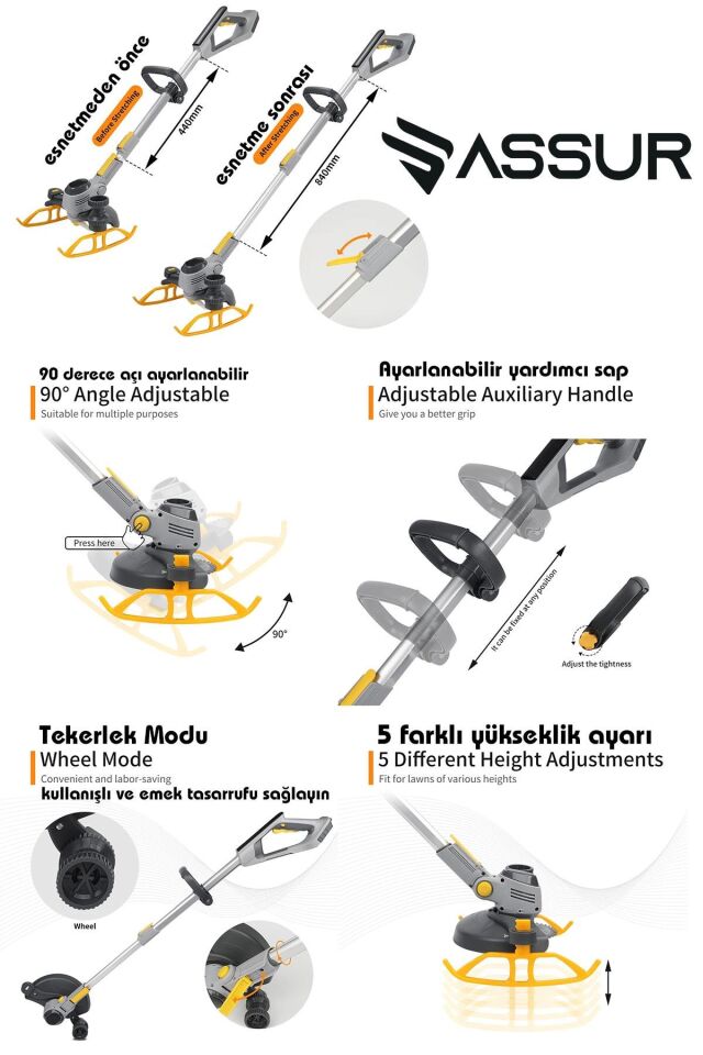 Assur Pro Kızaklı Dijital Ekran Ot Çalı Çim Biçme Şarjlı Tırpan 9000r/min