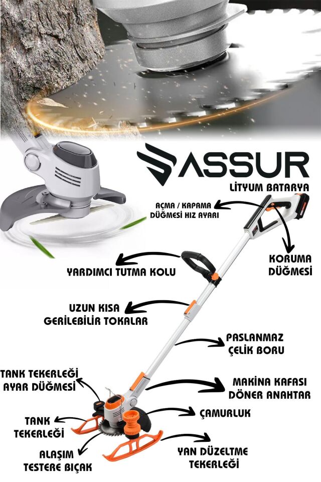 Assur Pro Kızaklı Dijital Ekran Ot Çalı Çim Biçme Şarjlı Tırpan 9000r/min