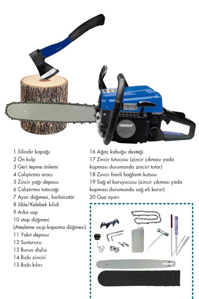 Assur 52 Cc Benzinli Ağaç Odun Dal Kesme 45 Cm Testere