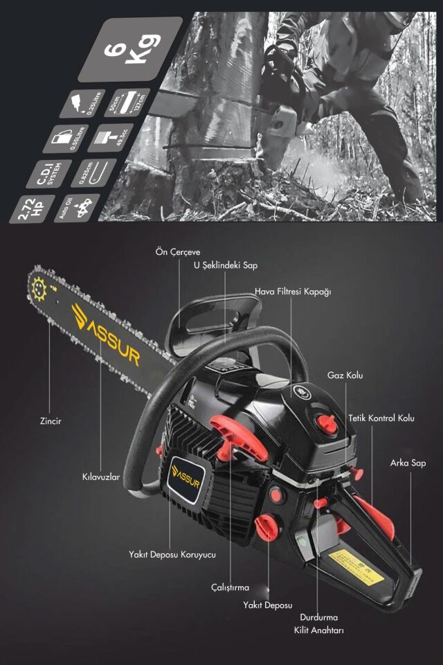 Assur 52 Cc Benzinli Ağaç Odun Dal Kesme 45 Cm Testere