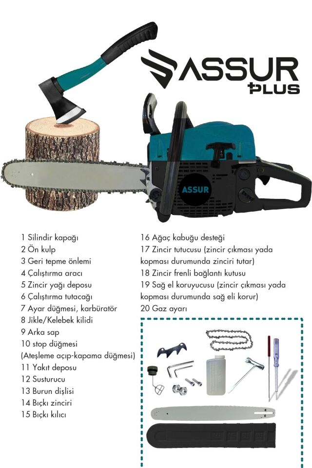 Assur 52 Cc Benzinli Ağaç Odun Dal Kesme 45 Cm Testere