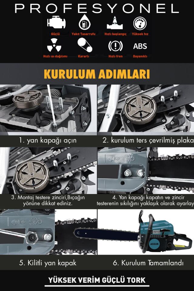 Assur 52 Cc Benzinli Ağaç Odun Dal Kesme 45 Cm Testere