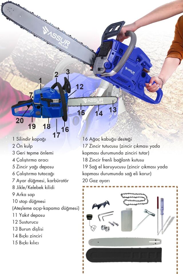Assur 52 Cc Benzinli Ağaç Odun Dal Kesme 45 Cm Testere