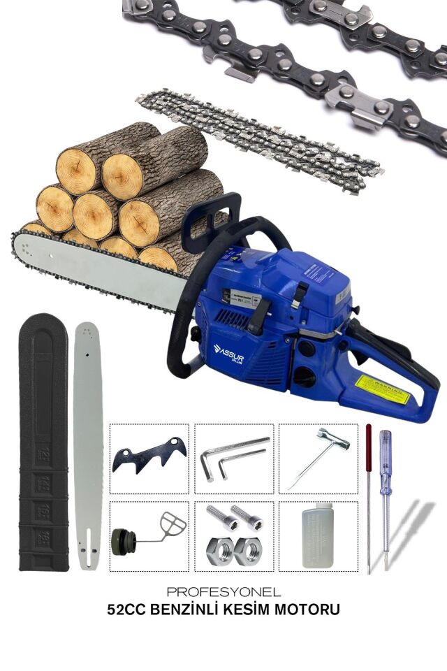 Assur 52 Cc Benzinli Ağaç Odun Dal Kesme 45 Cm Testere