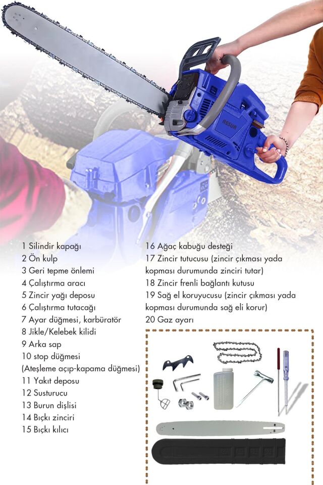 Assur 52 Cc Benzinli Ağaç Odun Dal Kesme 45 Cm Testere