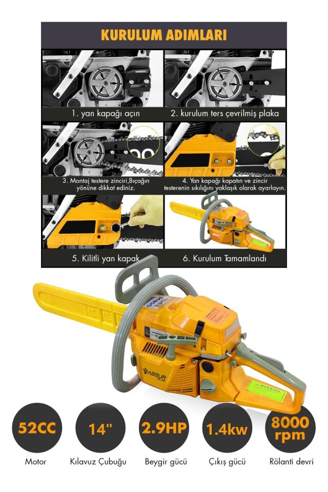 Assur 52 Cc Benzinli Ağaç Odun Dal Kesme 45 Cm Testere