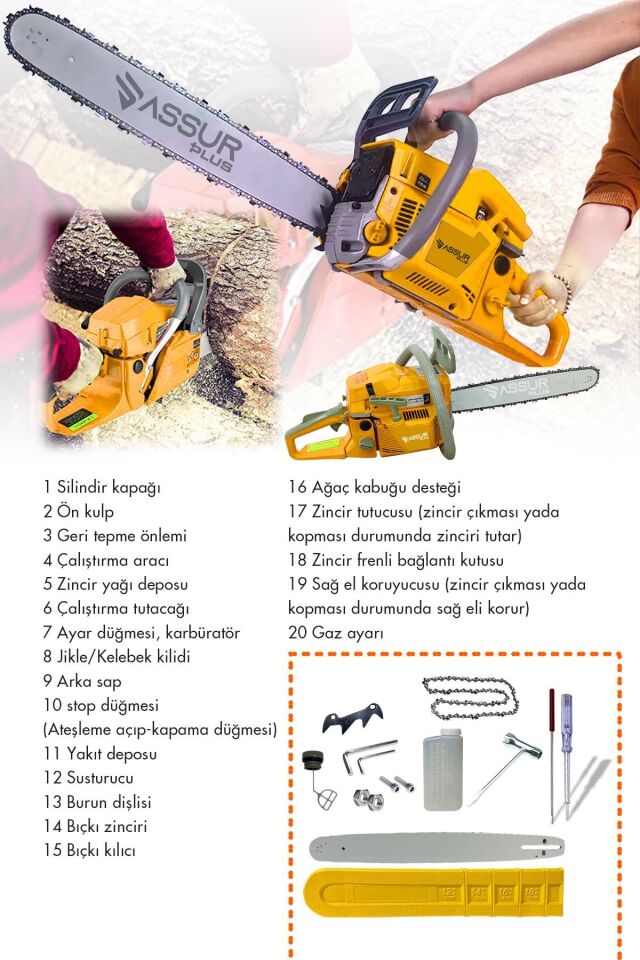 Assur 52 Cc Benzinli Ağaç Odun Dal Kesme 45 Cm Testere