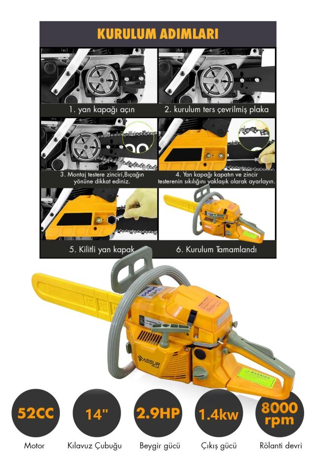 Assur 52 Cc Benzinli Ağaç Odun Dal Kesme 45 Cm Testere