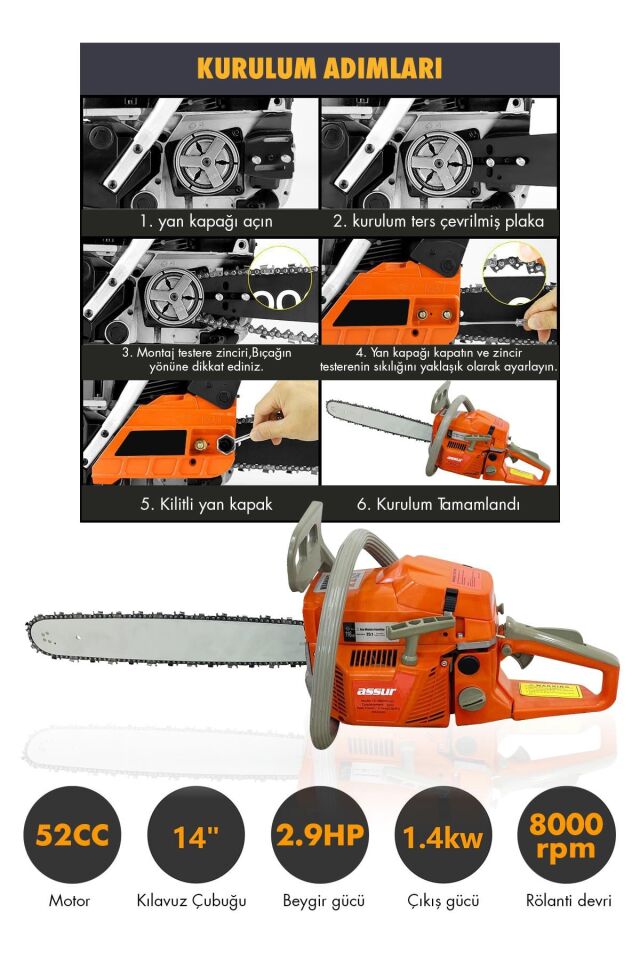 Assur 52 Cc Benzinli Ağaç Odun Dal Kesme 45 Cm Testere