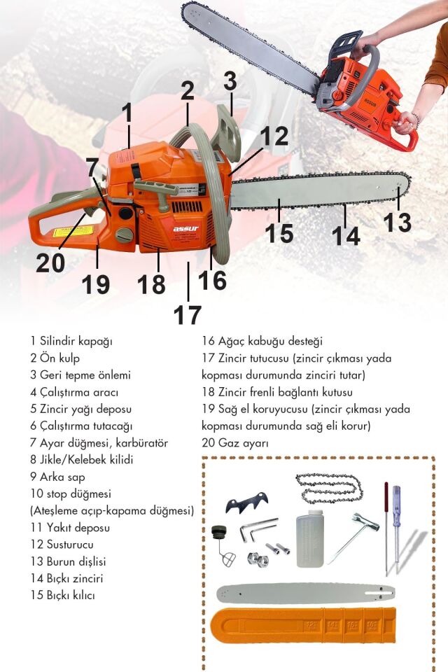 Assur 52 Cc Benzinli Ağaç Odun Dal Kesme 45 Cm Testere