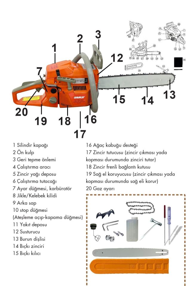 Assur 52 Cc Benzinli Ağaç Odun Dal Kesme 45 Cm Testere