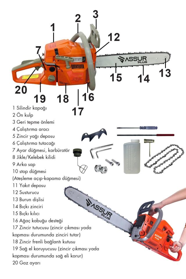 Assur 52 Cc Benzinli Ağaç Odun Dal Kesme 45 Cm Testere