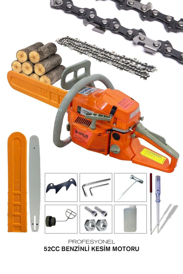 Assur 52 Cc Benzinli Ağaç Odun Dal Kesme 45 Cm Testere