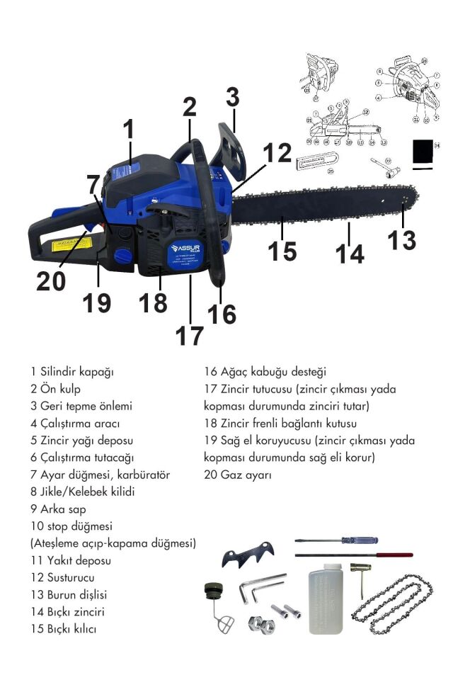 Assur 52 Cc Benzinli Ağaç Odun Dal Kesme 45 Cm Testere