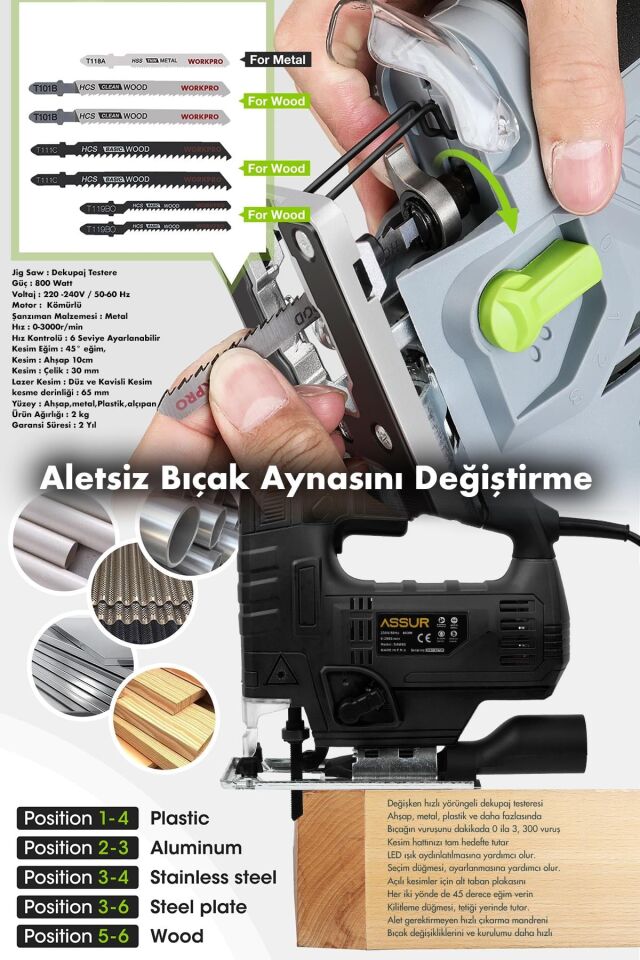 Assur 800 W Devir Ayarlı Dekupaj Testere Makinası